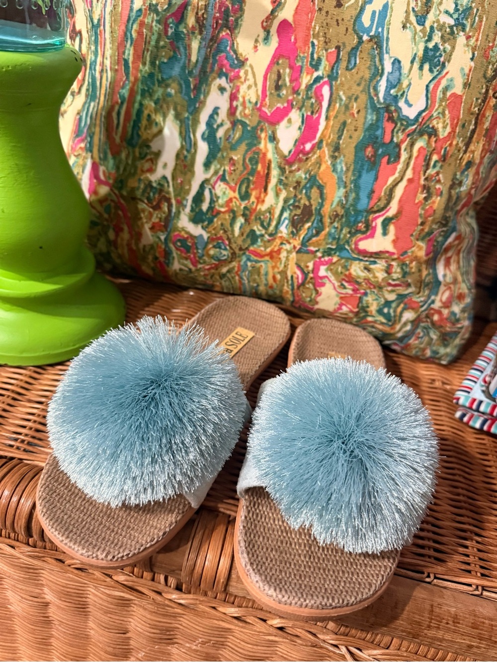 LA-A SOLE Plush Pom Slide Sandals in Light Blue - Women